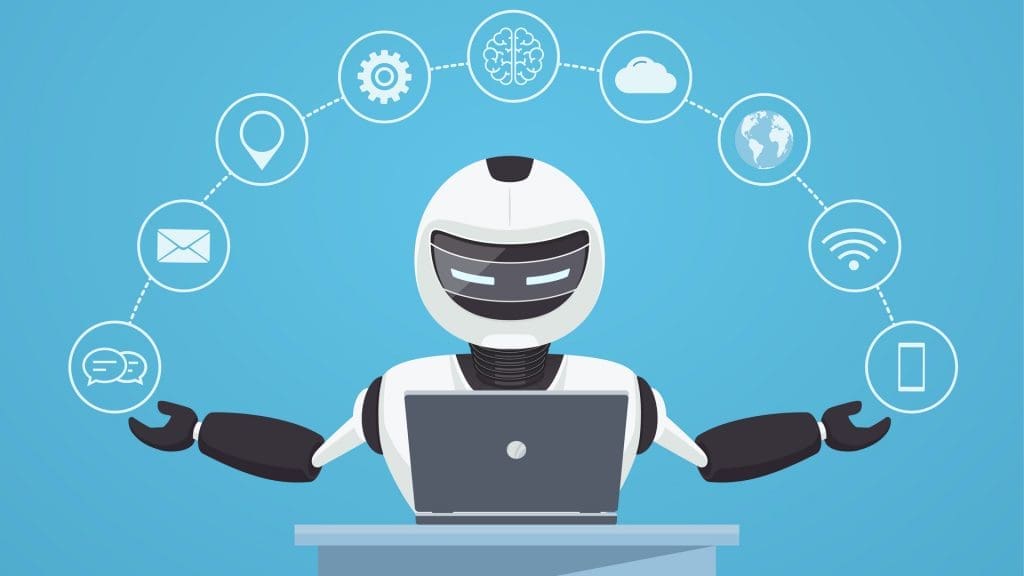 digital image of a robot in front of a laptop with an arc of icons over it