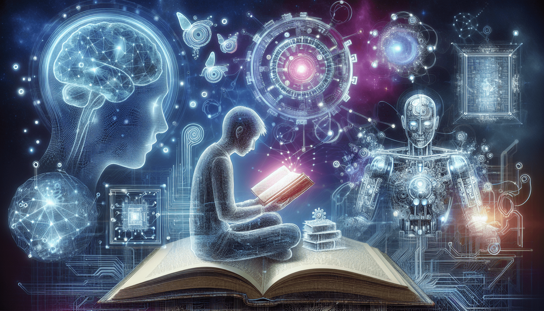 Illustration of a person embracing the concept of lifelong learning while surrounded by AI-related symbols and technologies